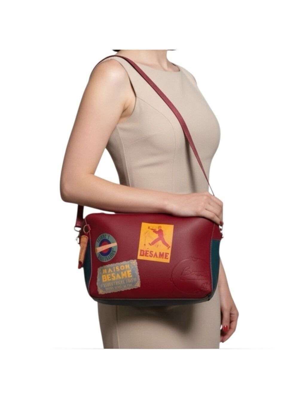 Bésame Cosmetics 15th Anniversary Retro Vegan Leather Messenger Bag Red Teal